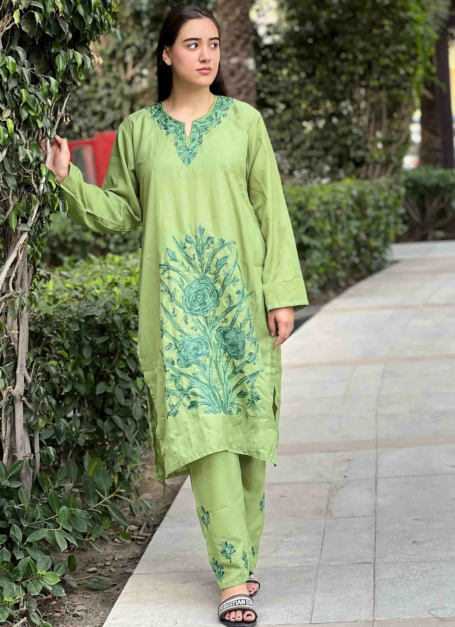 Green Tone on Tone Embroidered Cord Set