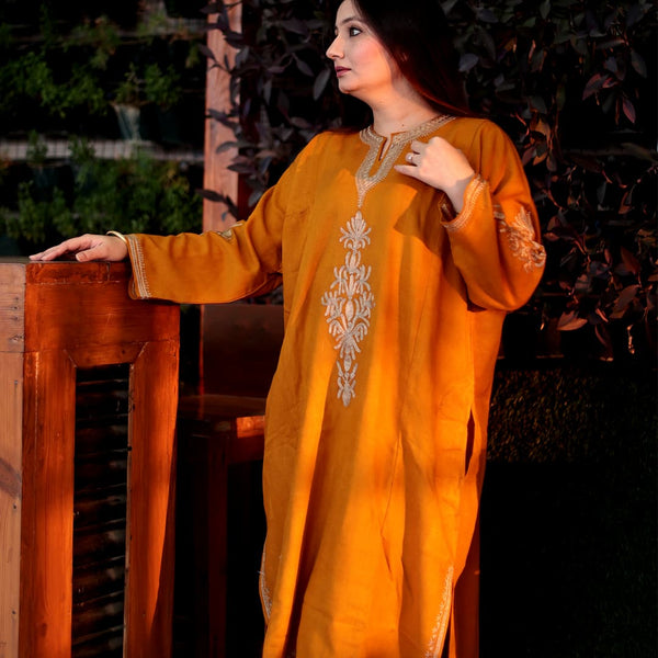 Mustard Zari Embroidered Kashmiri Pheran