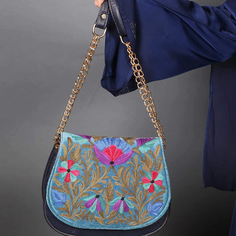 Navy Blue Aari Embroidered Full Flap Sling Bag