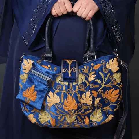 Blue Velvet Embroidered Hand Bag