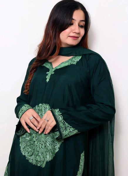 Green Tone on Tone Silk Crepe Embroidered Suit With Dupatta