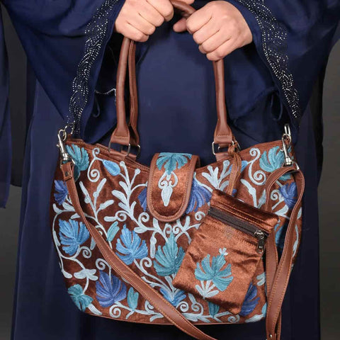 Brown Velvet Embroidered Hand Bag