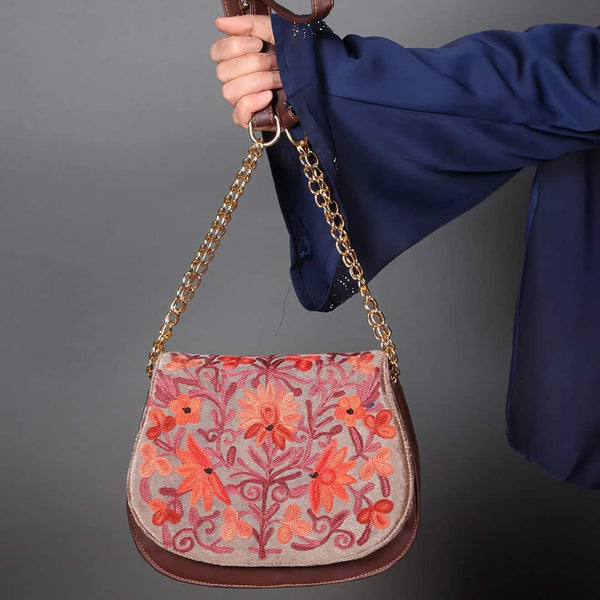 Brown Aari Embroidered Full Flap Sling Bag