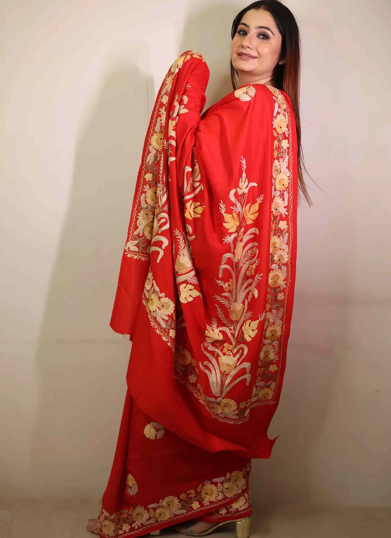 Red Embroidered Crape Saree