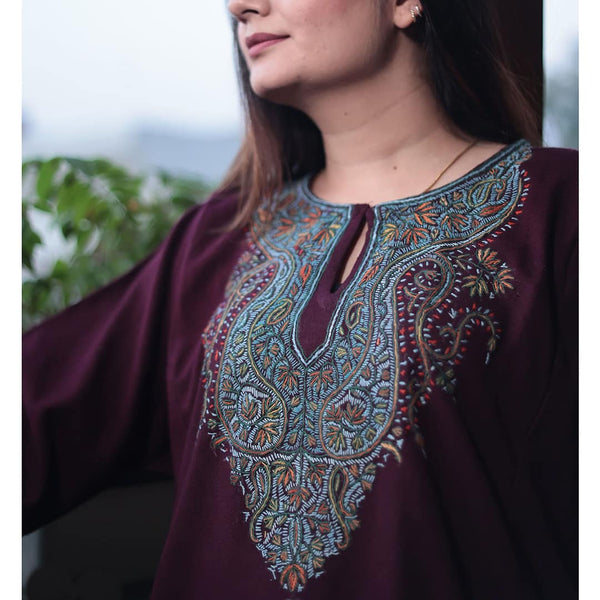 Wine Colour Sozni Pheran | Hand Embroidered