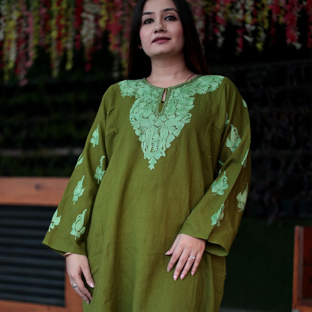 Green Tone on Tone Aari Embroidered Kashmiri Pheran