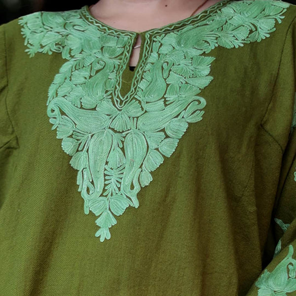 Green Tone on Tone Aari Embroidered Kashmiri Pheran