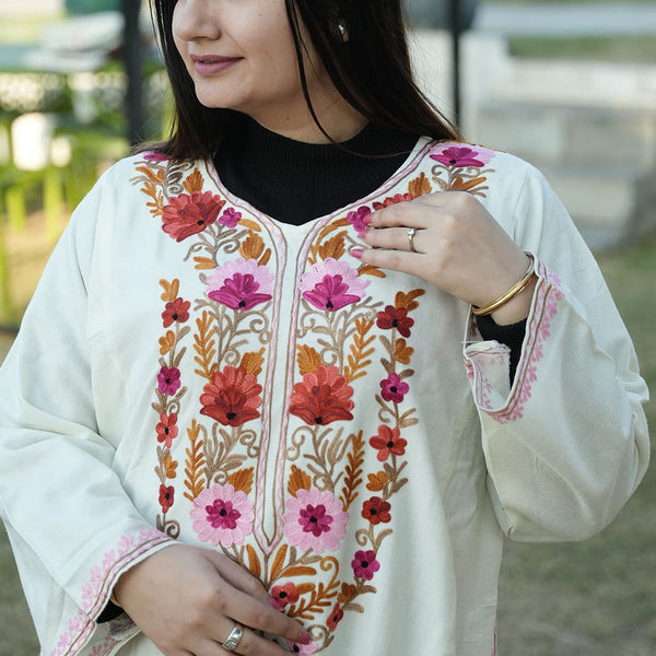 White Floral Aari Embroidered Kashmiri Pheran | Lint Free