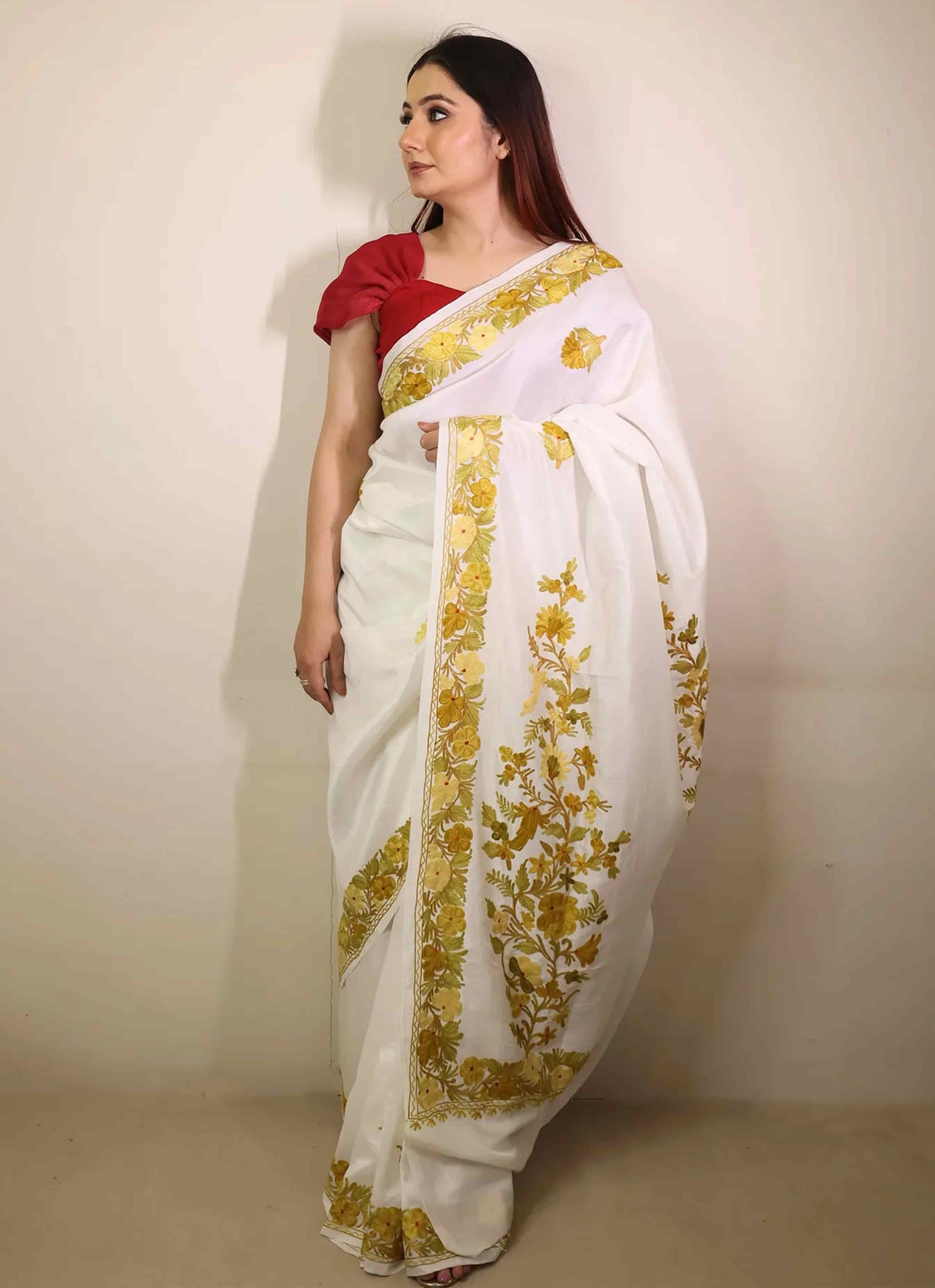 White Embroidered Crape Saree