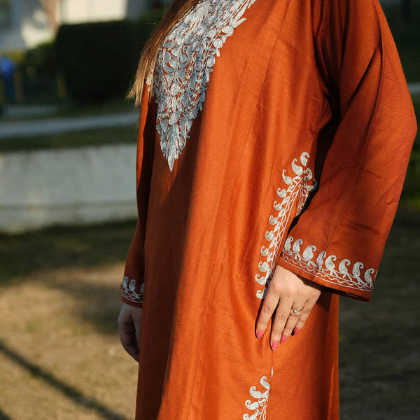 Rust Neck Design Silver Zari Embroidered Pheran (Lint Free)