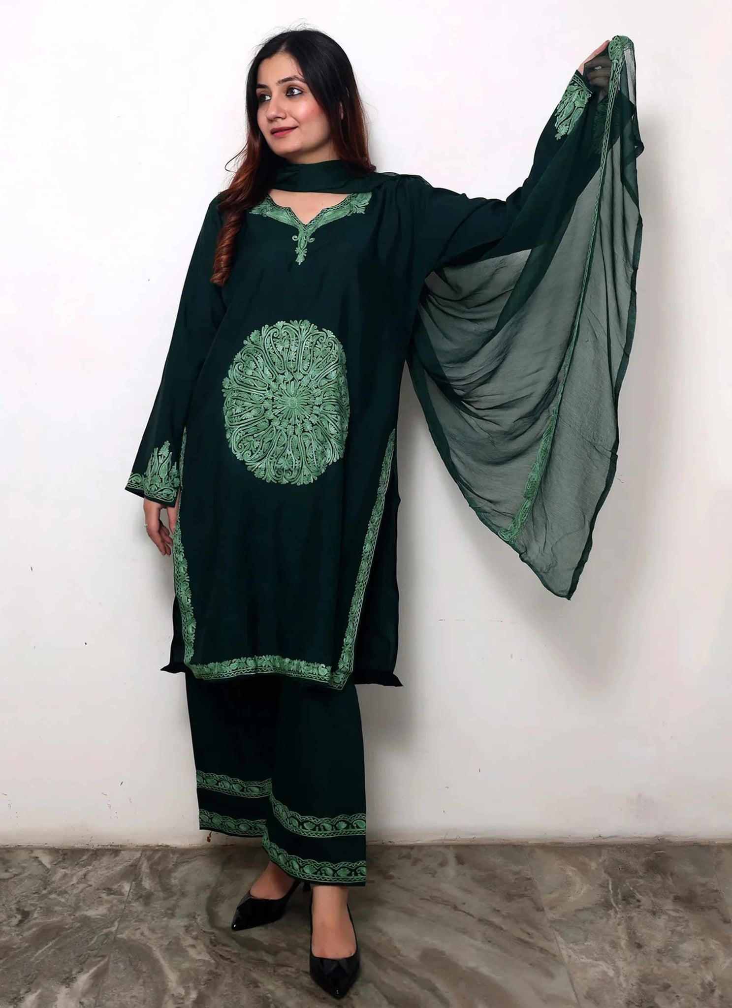 Green Tone on Tone Silk Crepe Embroidered Suit With Dupatta