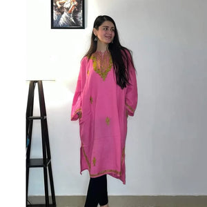 Magenta Pink Aari Embroidered Kashmiri Woolen Phiran