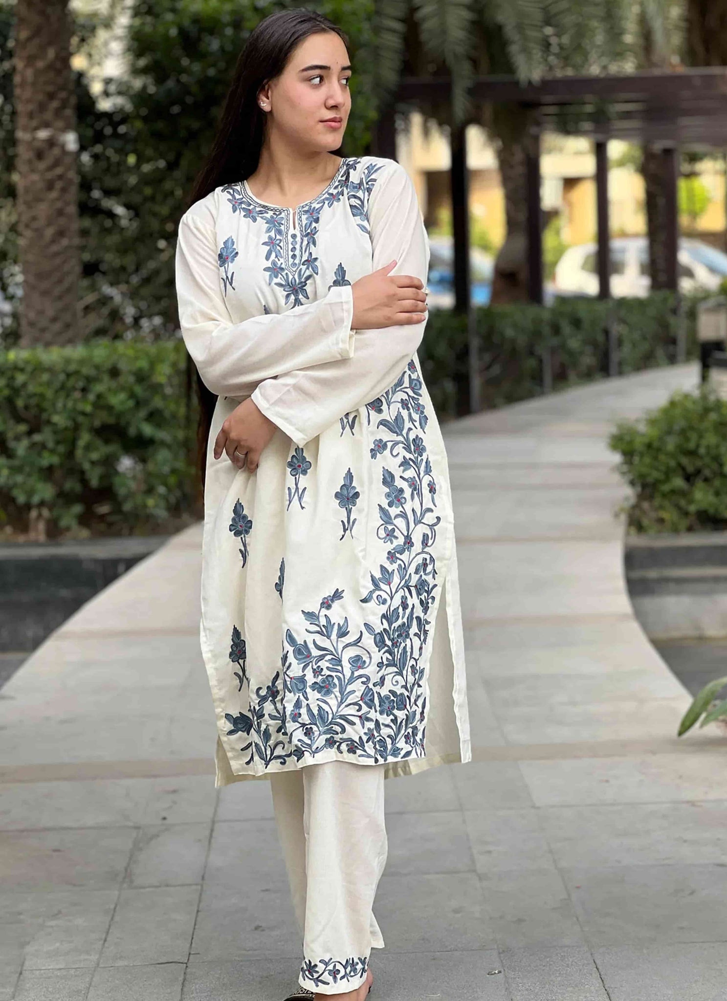 White with Grey Aari Embroidered Cord Set