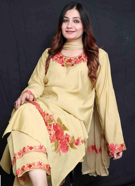 Light Gold Silk Crepe Embroidered Suit With Dupatta