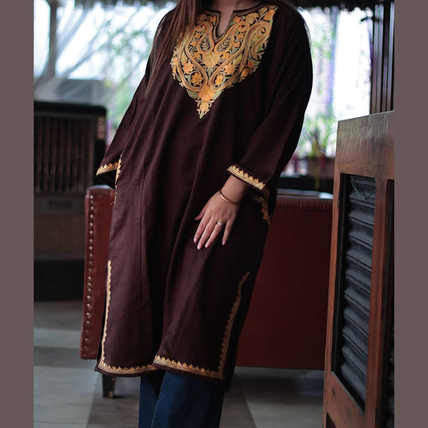 Brown Paisley Aari Embroidered Kashmiri Pheran