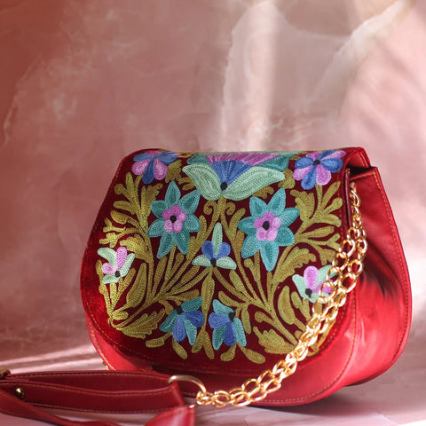 Maroon Aari Embroidered Full Flap Sling Bag