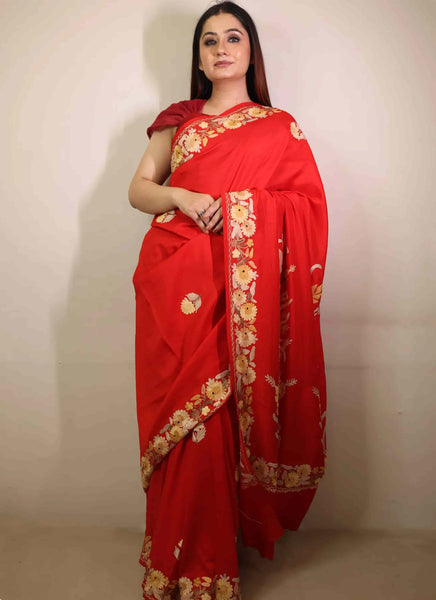 Red Embroidered Crape Saree