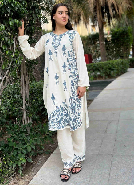 White with Grey Aari Embroidered Cord Set