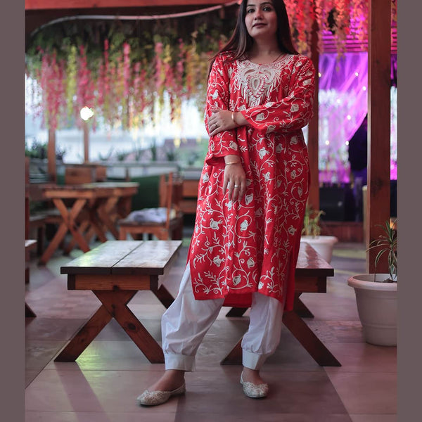 Exquisite Aari & Zari Embroidered Red Pheran