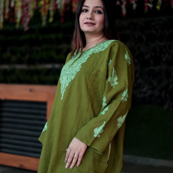 Green Tone on Tone Aari Embroidered Kashmiri Pheran