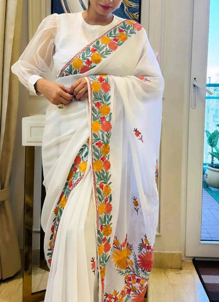 Gulbahaar Aari Embroidered White Georgette Saree