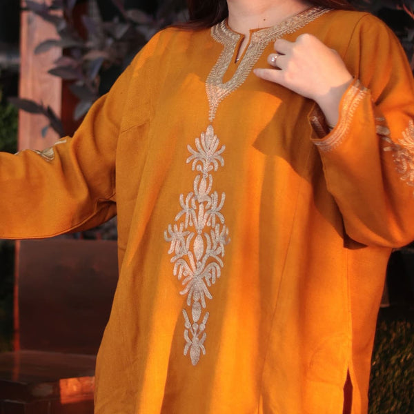 Mustard Zari Embroidered Kashmiri Pheran