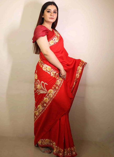 Red Embroidered Crape Saree