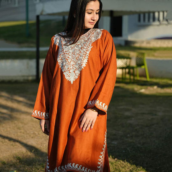 Rust Neck Design Silver Zari Embroidered Pheran (Lint Free)