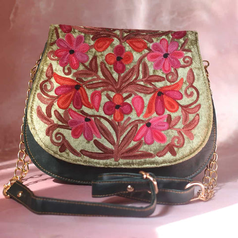 Olive Aari Embroidered Full Flap Sling Bag