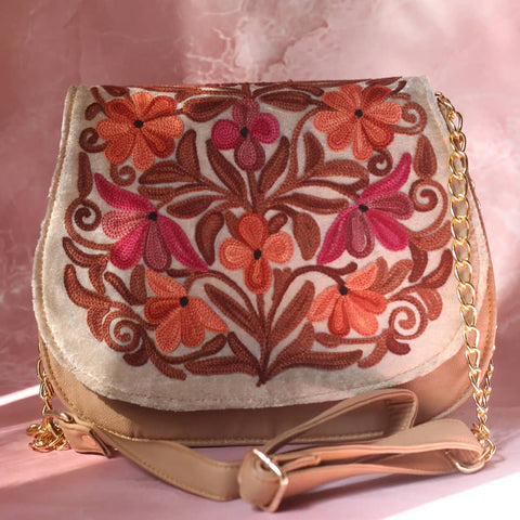 Beige Aari Embroidered Full Flap Sling Bag