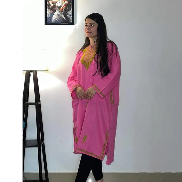 Magenta Pink Aari Embroidered Kashmiri Woolen Phiran