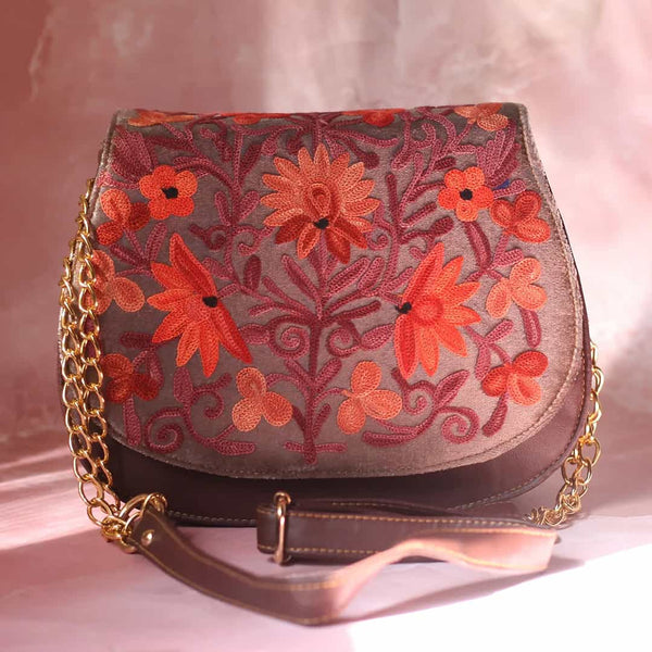 Brown Aari Embroidered Full Flap Sling Bag