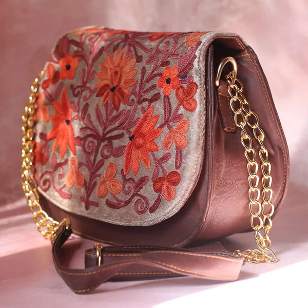 Brown Aari Embroidered Full Flap Sling Bag