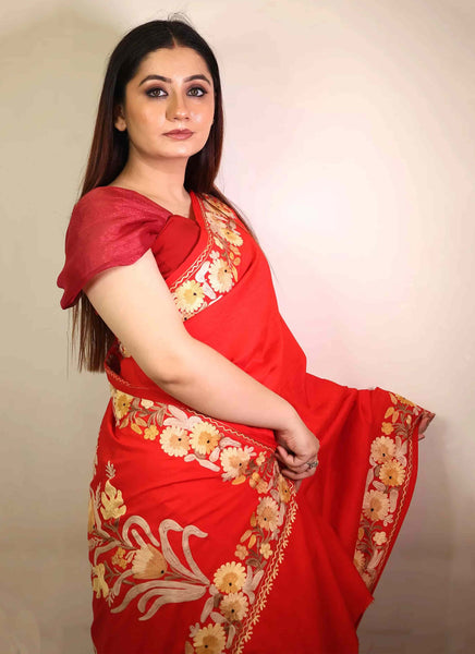 Red Embroidered Crape Saree