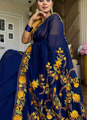 Posh Bahaar Blue Aari Embroidered Georgette Saree