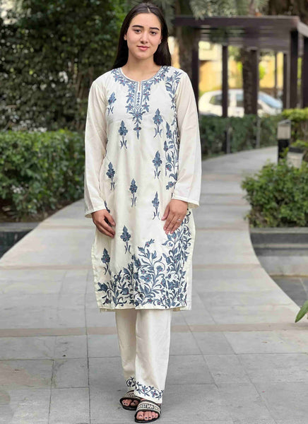 White with Grey Aari Embroidered Cord Set