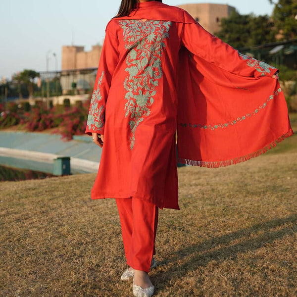 Crimson Red Winter Co-Ord With Shawl