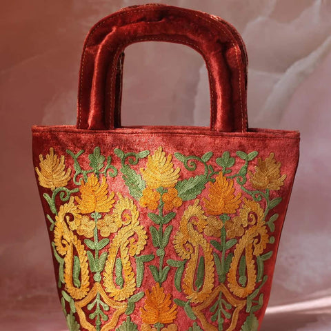 Rust Velvet Paisley Design Aari Enbroidered Small Hand Bag