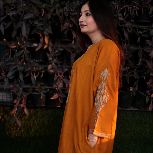 Mustard Zari Embroidered Kashmiri Pheran