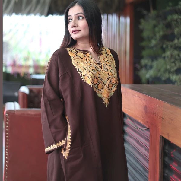 Brown Paisley Aari Embroidered Kashmiri Pheran