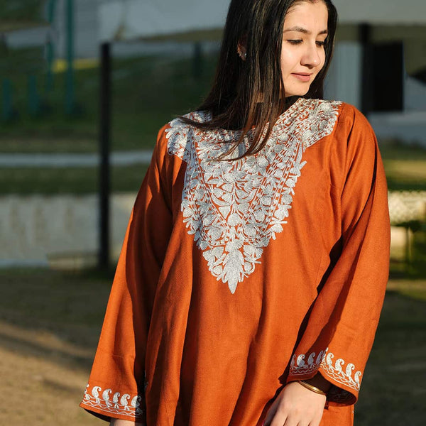 Rust Neck Design Silver Zari Embroidered Pheran (Lint Free)