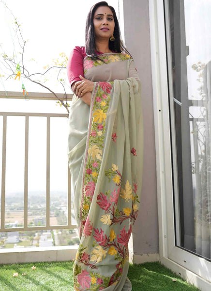 Chinar Aari Embroidered Grey Georgette Saree