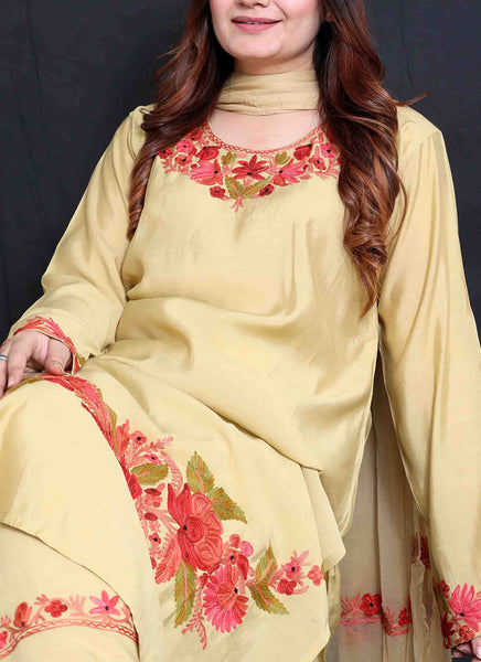 Light Gold Silk Crepe Embroidered Suit With Dupatta