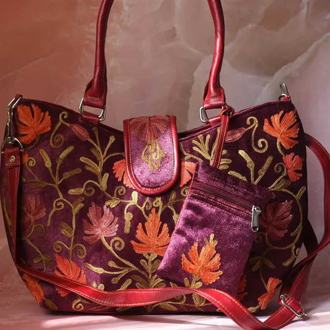 Velvet Maroon Embroidered Hand Bag With Pouch