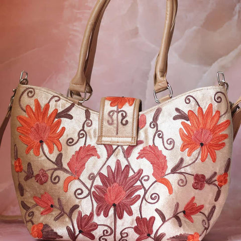 Beige Velvet Embroidered Hand Bag