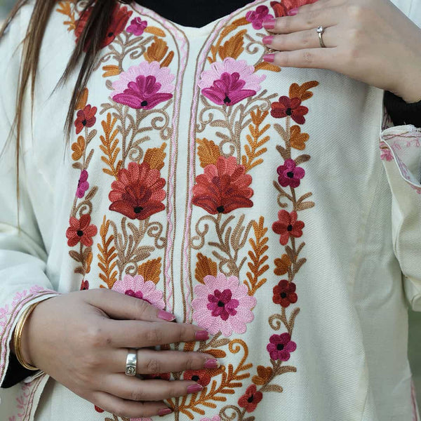 White Floral Aari Embroidered Kashmiri Pheran | Lint Free