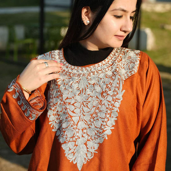 Rust Neck Design Silver Zari Embroidered Pheran (Lint Free)