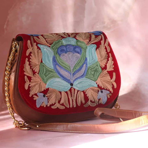 Red & Brown Aari Embroidered Full Flap Sling Bag