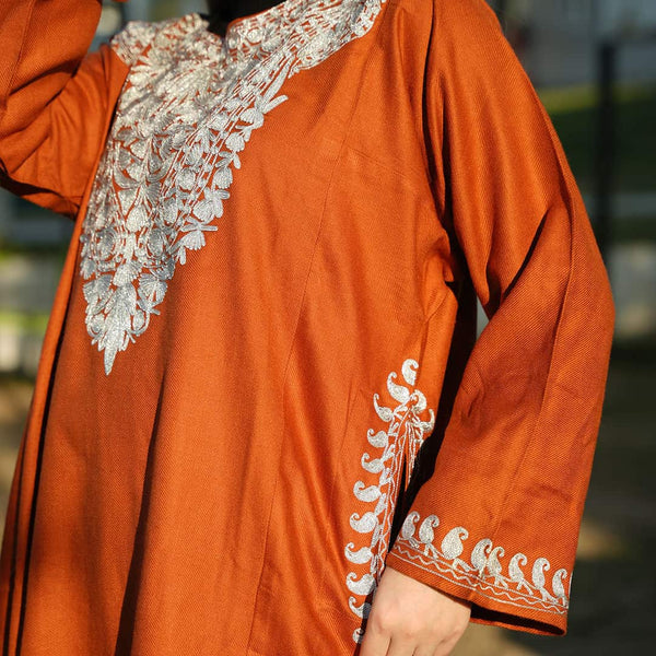 Rust Neck Design Silver Zari Embroidered Pheran (Lint Free)