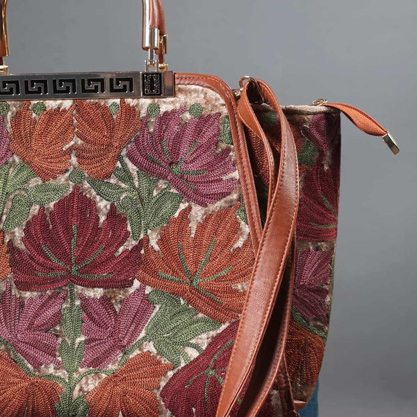 Multi Color Chinar Aari Embroidered Brown Hand Bag